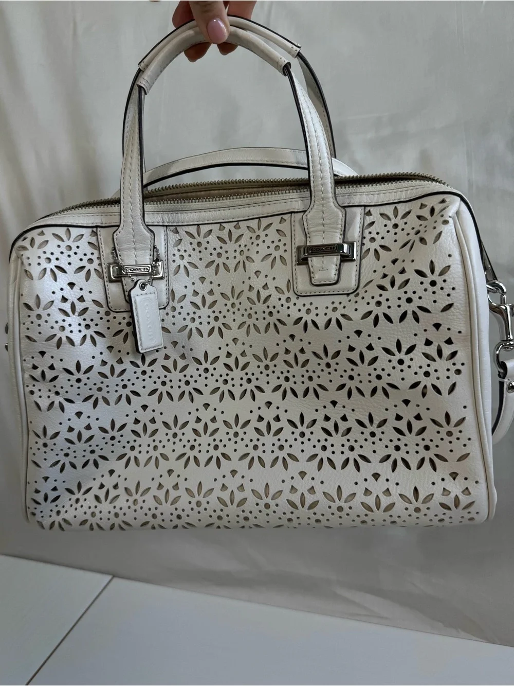 Coach White Laser-Cut Floral Satchel with Silver Hardware